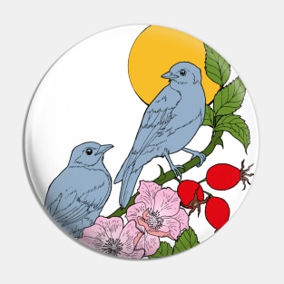 Birds on a branch of rosehip Pin