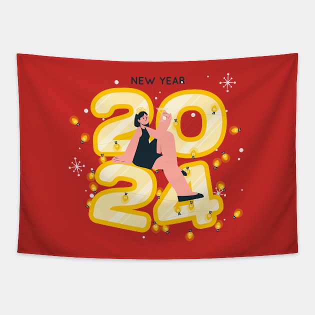 Happy New Year 2024 Tapestry by Mako Design 