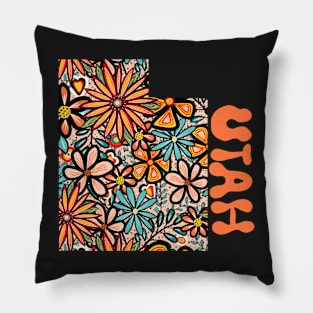 Utah State Design | Artist Designed Illustration Featuring Utah State Filled With Retro Flowers with Retro Hand-Lettering Pillow