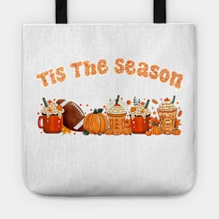 Tis The Season Latte Pumpkin Spice Leaf Football Fall Thanksgiving Tote