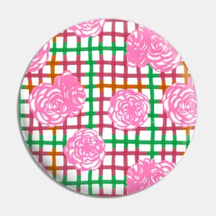 Roses on Plaid Pattern - Green, Pink Pin