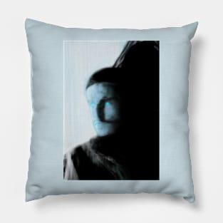 Portrait, digital collage, special processing. Bright side, survival guy. Man between light and darkness. Light blue. Pillow