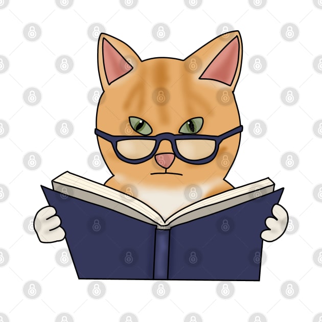 Cat in glasses reading book (fluffy orange cat) by Becky-Marie