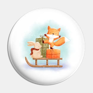 Cute Bunny and Fox with sledge and Christmas gifts Pin