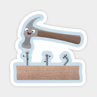 Cute, funny hammer and nails woodwork cartoon illustration Magnet