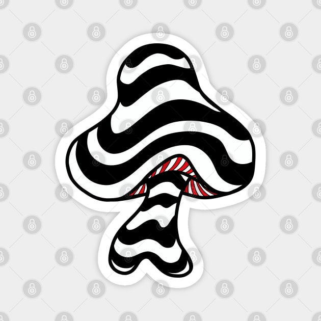 The Perfect Mushroom: Exotic Trippy Wavy Black and White Psychedelic Stripes Contour Lines with Red Underbelly Magnet by Ciara Shortall Art