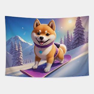 Cute Snowboarding Shiba Inu Dog Tapestry