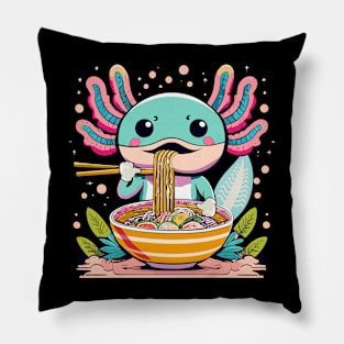 Cute Axolotl Eating Ramen Chibi Anime Manga Colorful Design Pillow