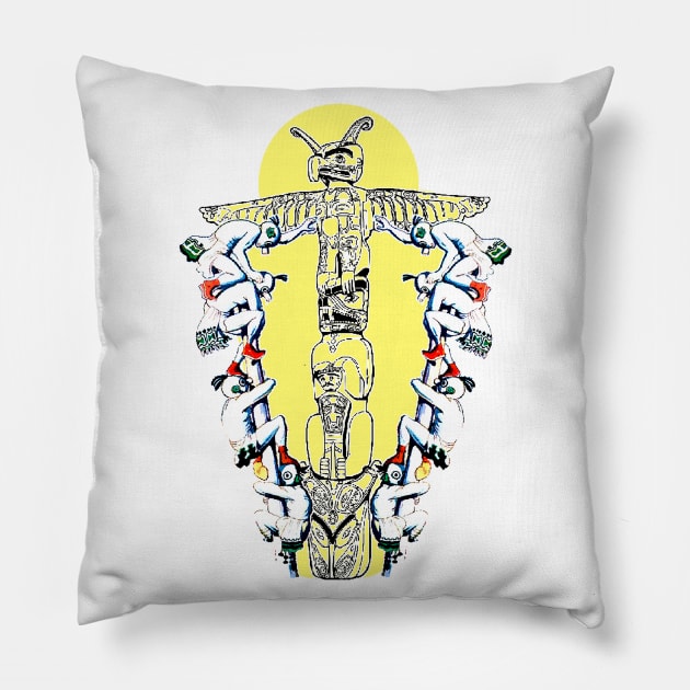 Totem in the village with indigenous people climbing a ritual trunk Pillow by Marccelus