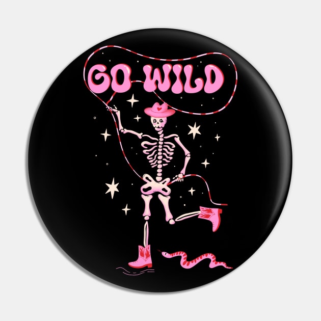 Go Wild! Cute dancing skeleton in cowboy boots and western hat with pink snake Pin by WeirdyTales