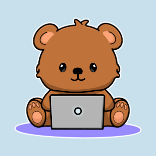 Cartoon Bear on Computer T-Shirt