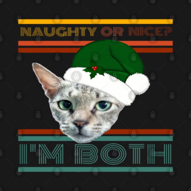 Naughty Or Nice? I'm Both Funny Retro Text Design with Cat in Green Santa Hat with Holly by aspinBreedCo2