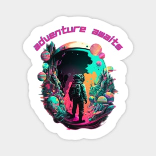 Adventure Awaits TShirt, Cosmic, Astronaut In Space, Planets, Vibrant Colors Magnet