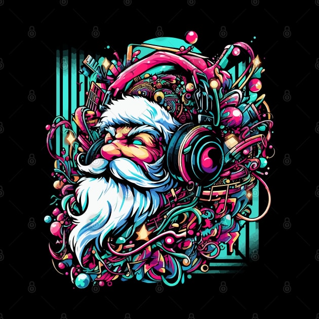 Santa Claus with headphones on his ears listening to music by T-Shirt Paradise