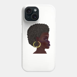 Afro queen II - Mahagony brown skin girl with thick glorious, curly Afro Hair and gold hoop earrings Phone Case