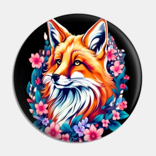 Red Fox with Bold Flowers Pin