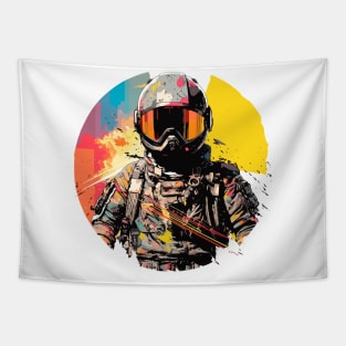 Man With Helmet Video Game Character Futuristic Warrior Portrait  Abstract Tapestry