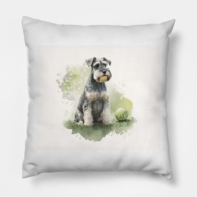 Miniature Schnauzer Watercolour Painting Pillow by TheArtfulAI