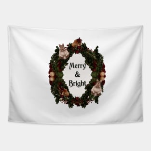 Bunny Holiday Wreath Christmas Ornaments Red Berries Holiday Quote Merry and Bright Tapestry