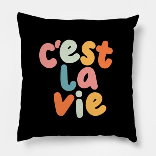 C'est La Vie in Black Peach Fuzz Pink Apricot Yellow Blue and Orange Pillow