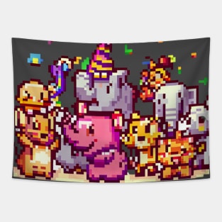 A group of animals having a party or celebrating a holiday, pixel art Tapestry