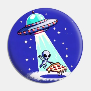 8-Bit Pixel Alien Pizza Adventure: Colorful Retro Gaming Art Pin