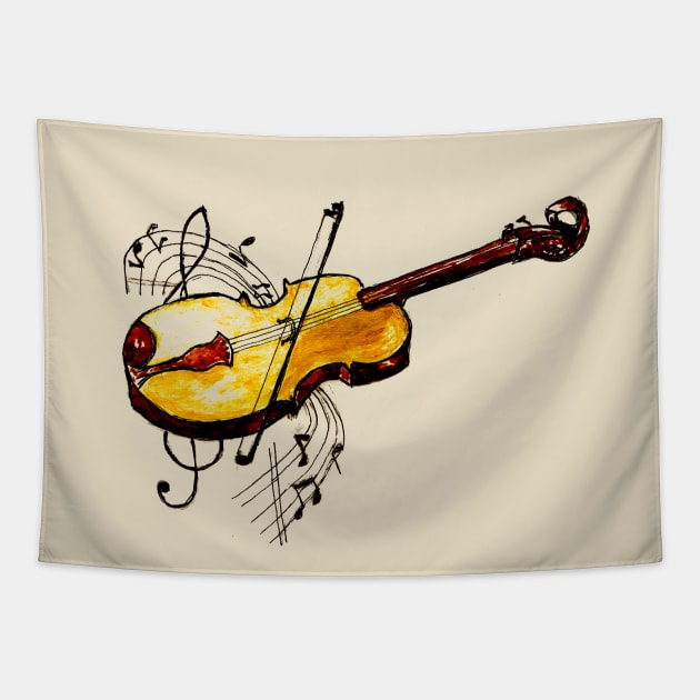 Yellow Violin with Notes Tapestry by AnnArtshock