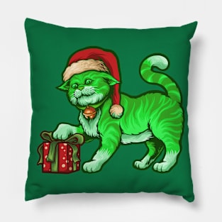 Funny Poisonous Green Cat Santa Claus Looking For Presents Pillow