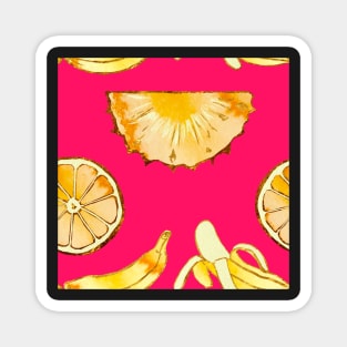 yellow, pineapple, banana, yellow, orange, juicy, fruit, glitter, gold, summer, pattern, funny, sunny, vivid, pink Magnet