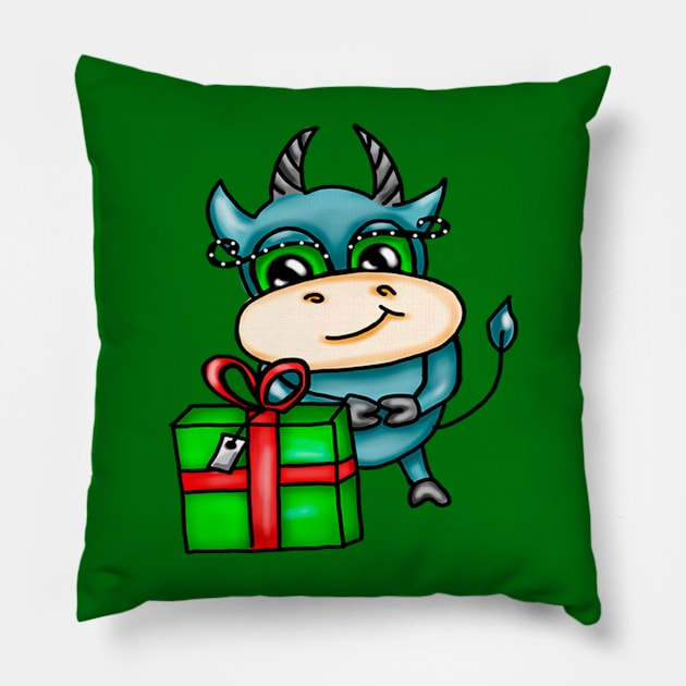 Christmas funny colored bull Pillow by Sereniya