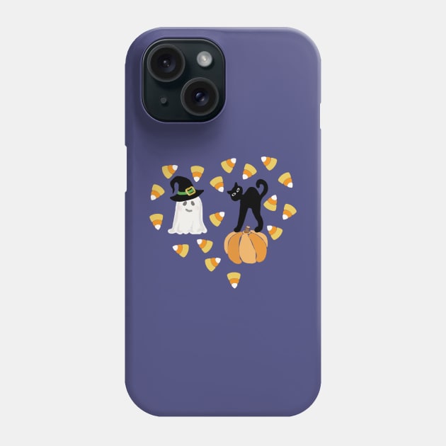 Cute Halloween Black Cat Pumpkin Ghost and Witch Hat in Heart Phone Case by NaturalDesign