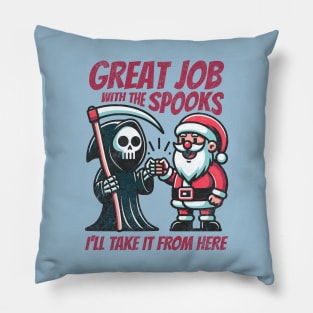 Grim Reaper Fist Bump with Santa Claus. From Halloween to Christmas Tis The Season Holiday Pillow