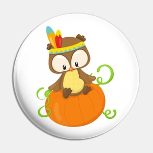 Thanksgiving Owl, Brown Owl, Feathers, Pumpkin Pin