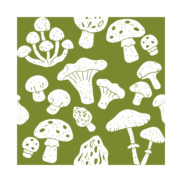 Cottagecore Mushroom Hunting Olive Green Seamless Pattern by ichewsyou