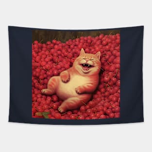 Berrylicious Retro Whiskers: Kitschy Cats and Sweet Berries Tapestry