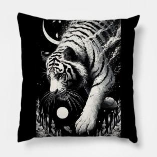 Monochromatic Tiger Diving Underwater At Night Pillow