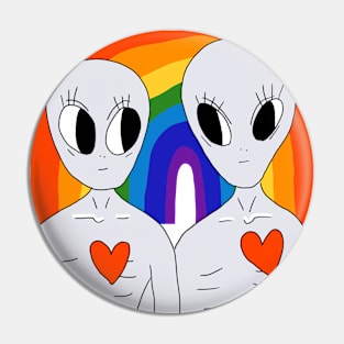 Happy Gay Grey aliens and a rainbow Pin