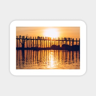 Orange Sundown Behind Long Wooden Bridge in Mandalay, Burma Magnet