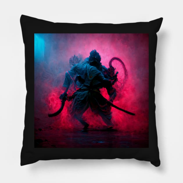 Samurai Neon Fight Pillow by DarkAgeArt