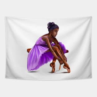 ballerina getting ready, lacing her ballet shoes - brown skin ballerina Tapestry