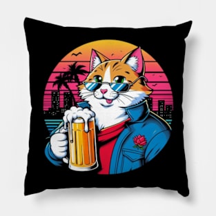 Vintage Retro Anime Cat Drinking Beer Pillow