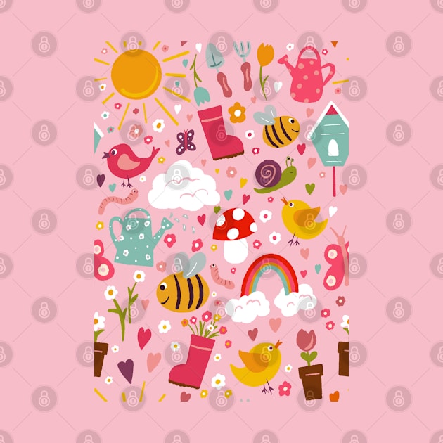 Gardening Fun repeat pattern on a pink background by NattyDesigns