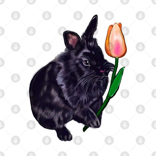 Cute black lionhead bunny rabbit with orange tulip -  Rabbits by Artonmytee