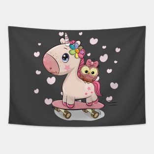 Cute pink little unicorn and owl on a skateboard Tapestry