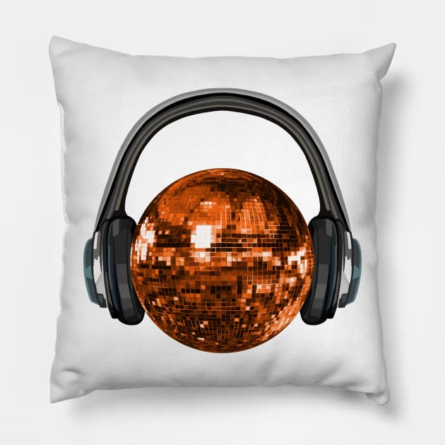 Groovy Orange Disco Ball with Headphones Pillow by Art by Deborah Camp