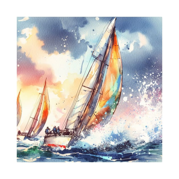 artistic illustration of a sail boat race in a storm and heavy seas by WelshDesigns