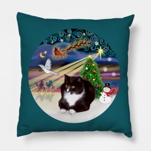 "Christmas Magic" with a Black and White Tuxedo Cat Pillow