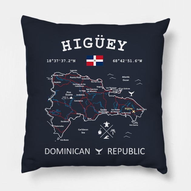 Higüey Dominican Republic Flag Travel Map Coordinates GPS Pillow by French Salsa