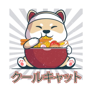 Cute japanese cat, kawaii eat noodles T-Shirt