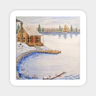 Cabin at the Lake in the Winter Season Magnet